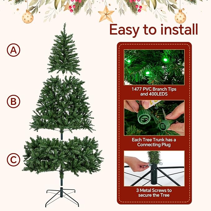 7.5FT Pre-lit Christmas Tree, RGB Color Changing Smart Artificial Christmas Tree with Lights, 1477 PVC Branch Tips, App&Remote Control, Light up Christmas Tree for Indoor Outdoor Decoration