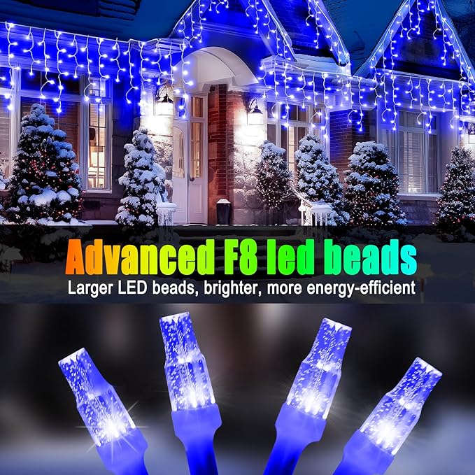 Christmas Lights Outdoor, 98FT 900LED Ice Lights for Outside, Ice String Lights with 8 Modes, Waterproof Timer Memory Hanging Light for Eaves Party Yard Garden(Blue)