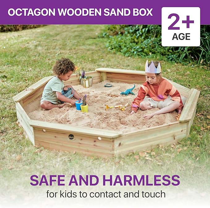 Plum Wooden Large Sandbox with Cover - Outdoor Octagon Sand Box for Kids, Toddler Sensory Toys, Outdoor Wooden Sand Pit with Seat Boards and Bottom Liner, Weatherproof, Easy Assembly, Ages 3+ Years