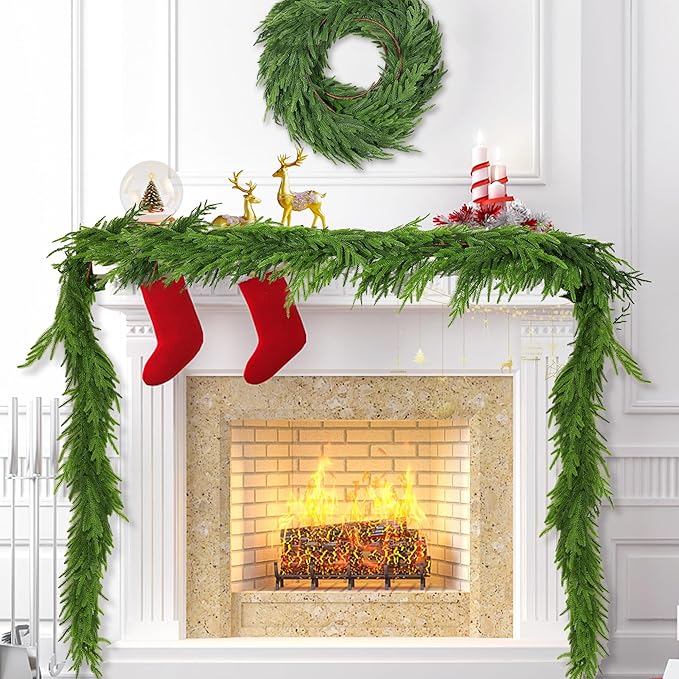 9 FT Christmas Norfolk Pine Garland Real Touch Artificial Faux Greenery Pine Christmas Garland Decorations for Home Mantle Table Stairs Door Fireplace Indoor Outdoor Xmas Holiday Decor