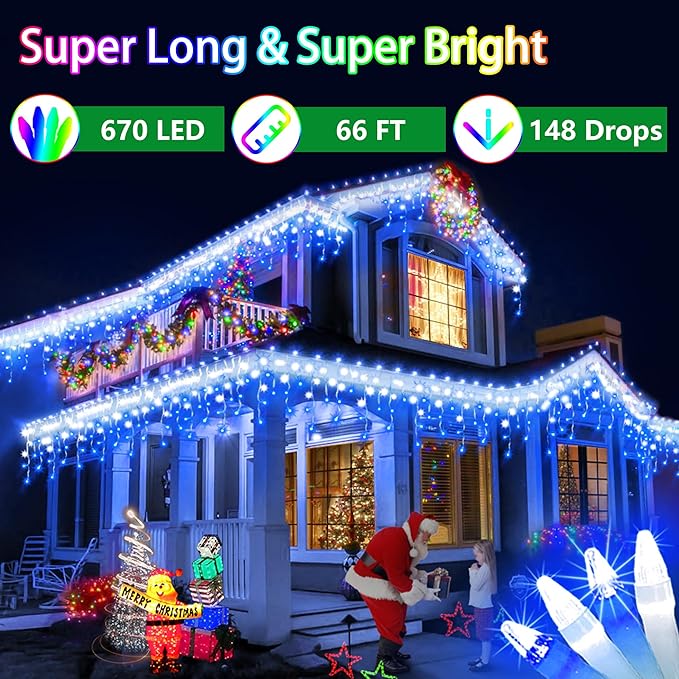 66FT 670 LED Christmas Lights 148 Ice Drops, 12 Modes and Timer Memory Dimmable, Plug In Outdoor Waterproof Hanging String Light for Holiday Wedding Garden Fence House Tree Outside Decor Blue & White