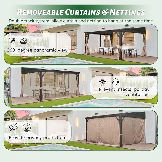 10’ x 12’ Lean to Gazebo, Outdoor Wall Mounted Gazebo Aluminum Frame, Hardtop Pergola with Galvanized Steel Sloping Roof for Patio Deck Garden Backyard, Curtain and Netting Included