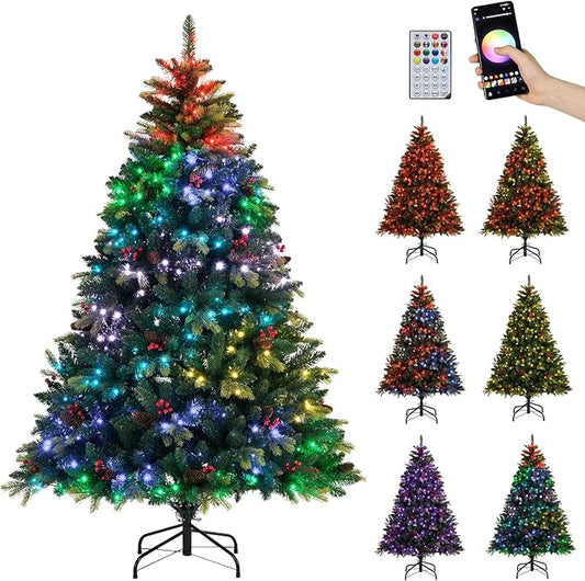 GOFLAME 6FT Pre-lit Artificial Christmas Tree, Hinged Xmas Tree with Remote and App Control, 370 Color & Mode Changing RGB Lights, Timer, 1054 Branch Tips, Pine Cones and Red Berries