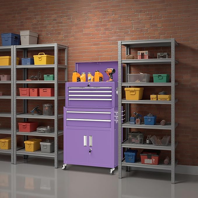Bonusall 8 Drawer Rolling Tool Chest and Cabinet Combo,Heavy-Duty Metal Garage Tool Chest with Wheels and 2 Doors,2-in-1 Top Box and Roller Cabinet Combo for Garage, Workshop, Warehouse-Purple