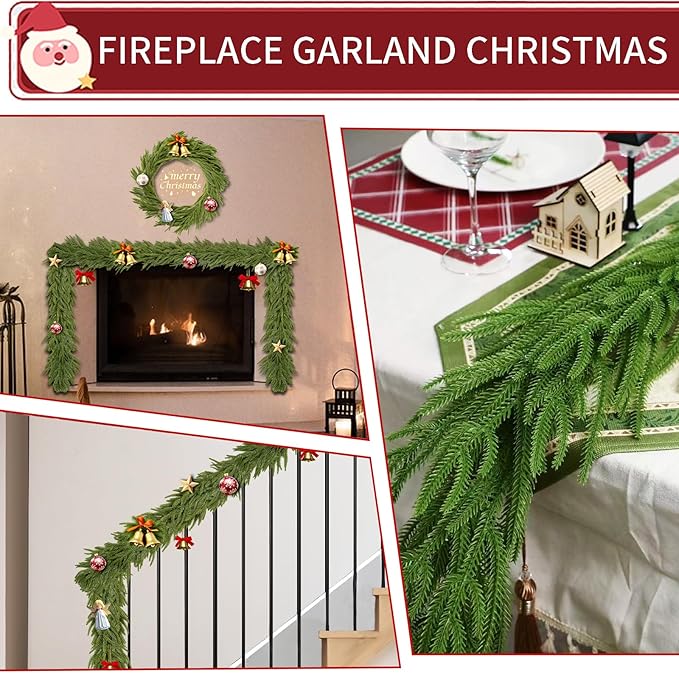 2 Pcs 6 Ft Artificial Norfolk Pine Garlands, Real Touch Winter Pine Garland, Green Artificial Greenery Garland for Table, Mantle, Wall, Indoor, Outdoor Christmas Decorations