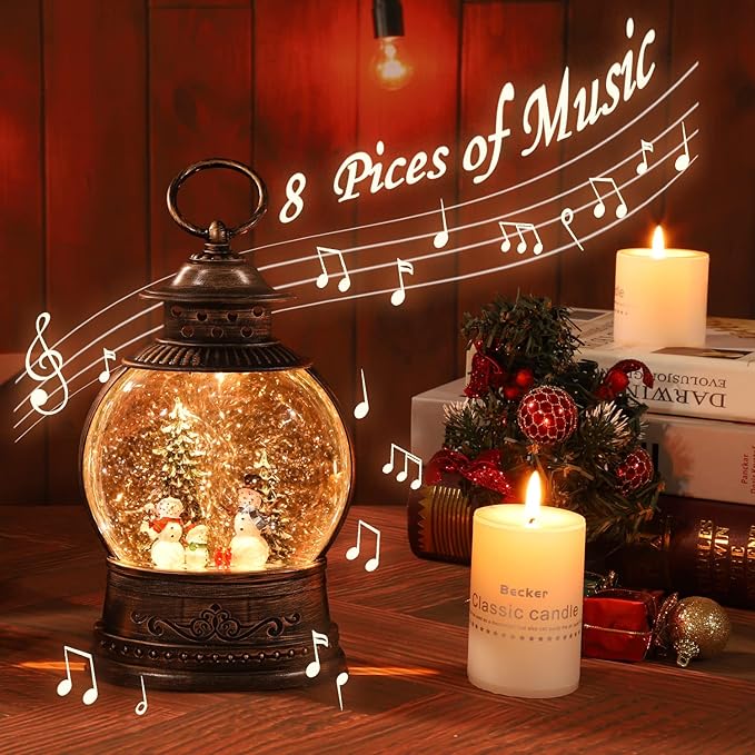 Christmas Snow Globe Lantern Water Glittering Rotating with Music and Timer, USB Lined/Battery Operated Lighted Lantern for Christmas Festival Decoration Gifts