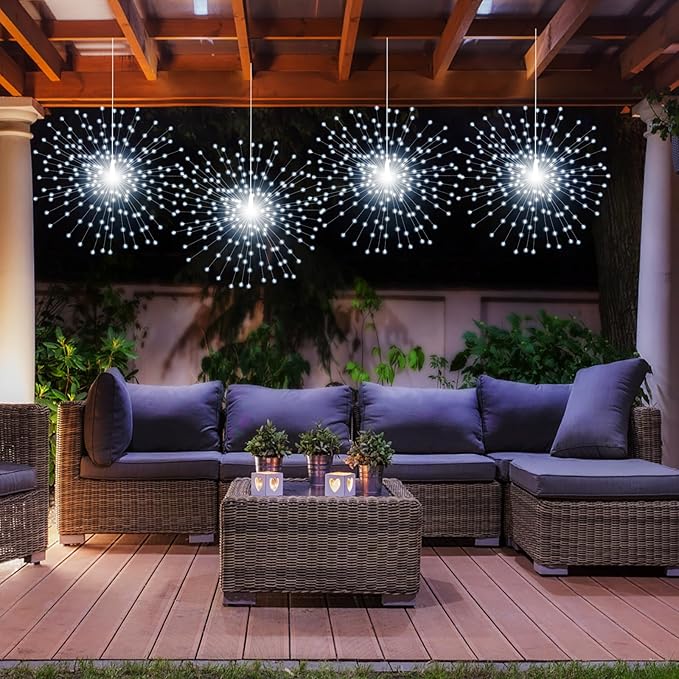 2 Pack Starburst Sphere Lights,200 LLED Firework Lights, 8 Modes Dimmable Remote Control Waterproof Hanging Fairy Light, Copper Wire Light for Patio Parties Christmas (White)