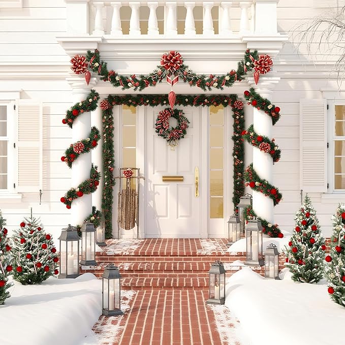 4Pcs 50FT Green Christmas Garland Decorations, Christmas Artificial Pine Greenery Garland Outdoor Indoor Decor, Straight Faux PVC Soft Garland for Stairs Railing Fireplace Window Christmas Decor