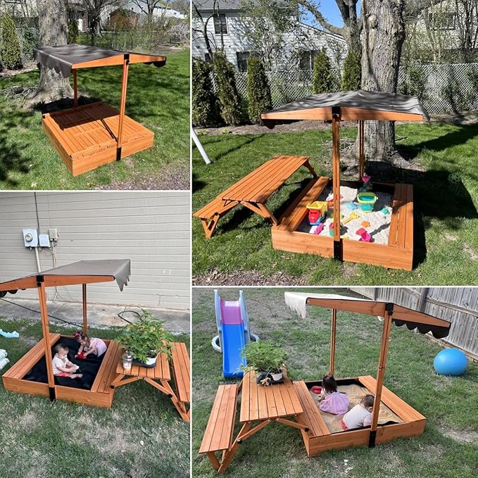 Wooden Kids Sandbox with Lid, Outdoor Sand Box with Picnic Table, Sandpit with Cover Canopy for Aged 3-8 Years Old, Adjustable Roof Bottom Liner