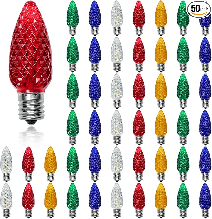 50 Pack Multicolor C9 LED Christmas Lights Replacement Bulbs, Shatterproof & Waterproof Plastic C9 Led Bulbs for Outdoor String Lights, E17 Base, 0.6W Equivalent to 7W, 50lm Holiday Decoration