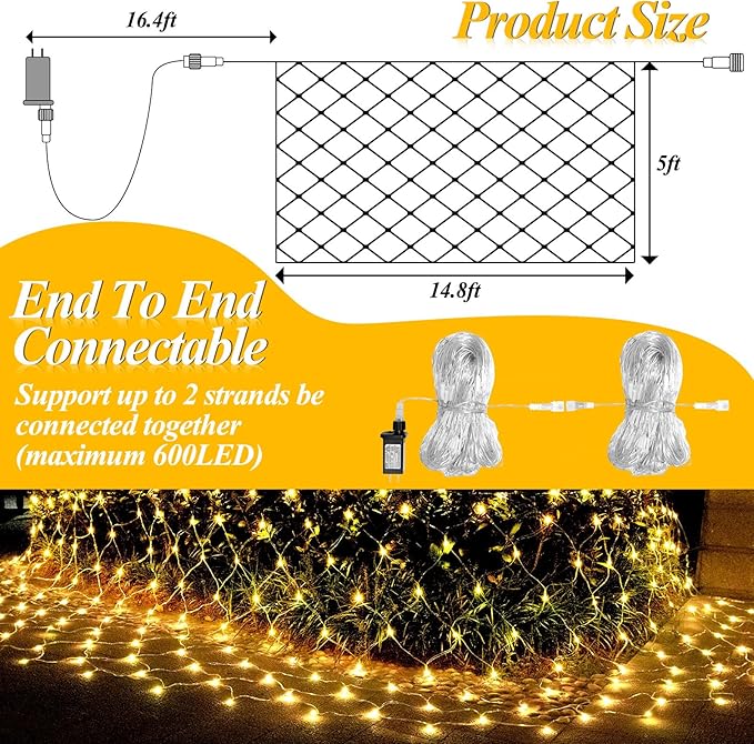 LitHome 14.8FT x 5FT Christmas Net Lights, 300 LED Net Lights Outdoor Mesh Light with 8 Modes, Connectable Waterproof Warm White Christmas Mesh Light for Bushes, Garden, Backyard, Xmas, Holiday Decor