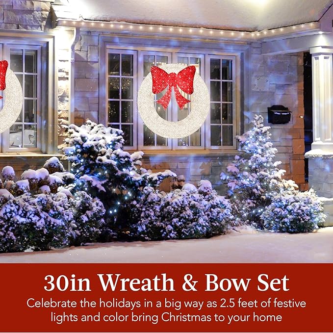 Best Choice Products 30in Pre-Lit Outdoor Christmas Wreath Decoration, LED Metal Holiday Decor for Home w/ 100 Lights, Bow - White/Red
