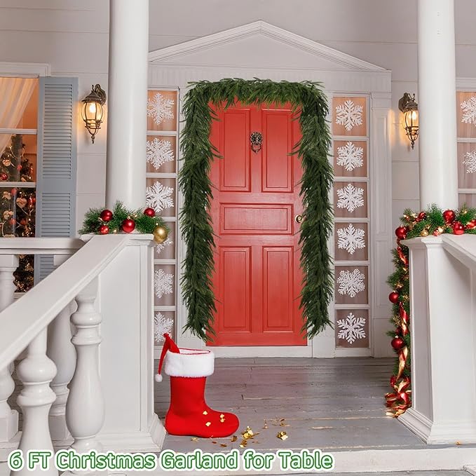 6 FT Christmas Norfolk Pine Garlands, Artificial Real Touch Winter Pine Garland, Green Realistic Greenery Garland for Table, Mantle, Wall, Indoor, Outdoor Christmas Decorations (1 Pcs)