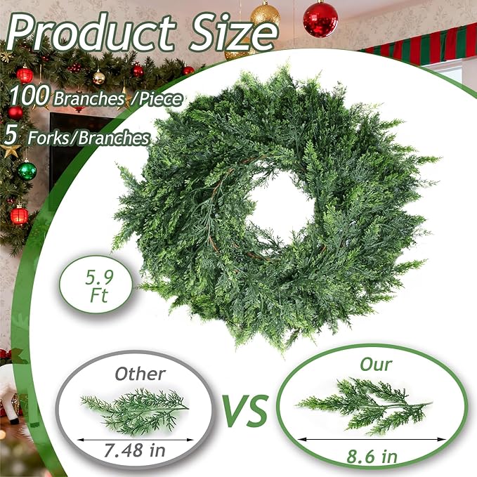 Grever 6 Feet Christmas Artificial Cedar Garland Real Touch Fake Evergreen Greenery Garland for Indoor and Outdoor Fireplace, Mantle, Door, Windows, Table, Stairs, Wall, Wedding and Holiday Decor