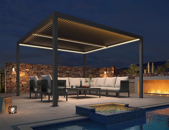 PURPLE LEAF LED Louvered Pergola 94AS 12'x 12' Full Aluminum Frame and Adjustable Roof Integrated Strip Lights for Outdoor Deck Garden Patio Gray Hardtop Gazebo Pergola