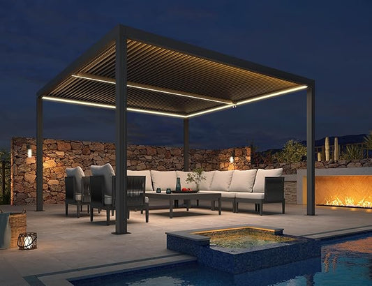 PURPLE LEAF LED Louvered Pergola 94AS 12'x 12' Full Aluminum Frame and Adjustable Roof Integrated Strip Lights for Outdoor Deck Garden Patio Gray Hardtop Gazebo Pergola