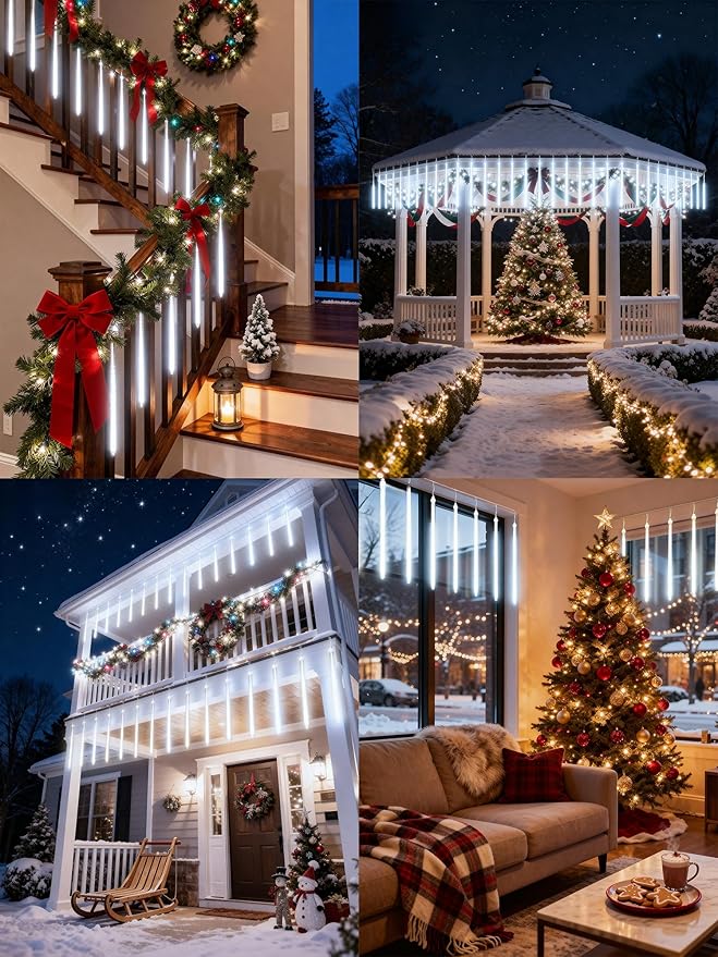 Flacchi Solar Meteor Shower Icicle Lights - 20 Tubes 480 LED Cascading Raindrop Lights, Outdoor Waterproof Christmas Decorations for Holiday Party (Cool White, Solar 20 Tubes)