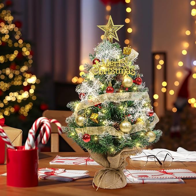 Tabletop Mini Artificial Christmas Tree with LED Lights, Star Topper, and Hanging Ornaments - 24 Inch Small Christmas Tree for Holiday DIY Decorations