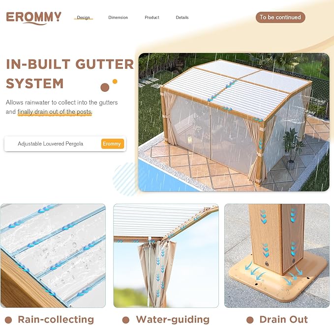 EROMMY Louvered Pergola 11'x13' Outdoor Hard Top Mansard Roof Gazebo with Aluminum Wooden Grain Frame and Adjustable Metal Rainproof Roof for Garden & Patio, Curtains and Netting Included, Wood Grain