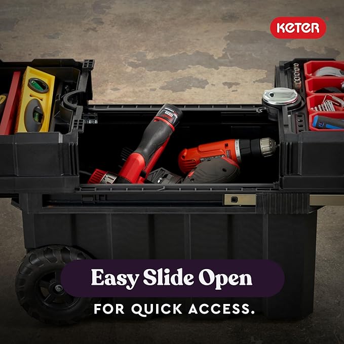 Keter Masterloader Resin Rolling Tool Box with Locking System and Removable Bins ? Perfect Organization and Storage Chest for Power Drill, Tape Measure, and Screwdriver Set, Black