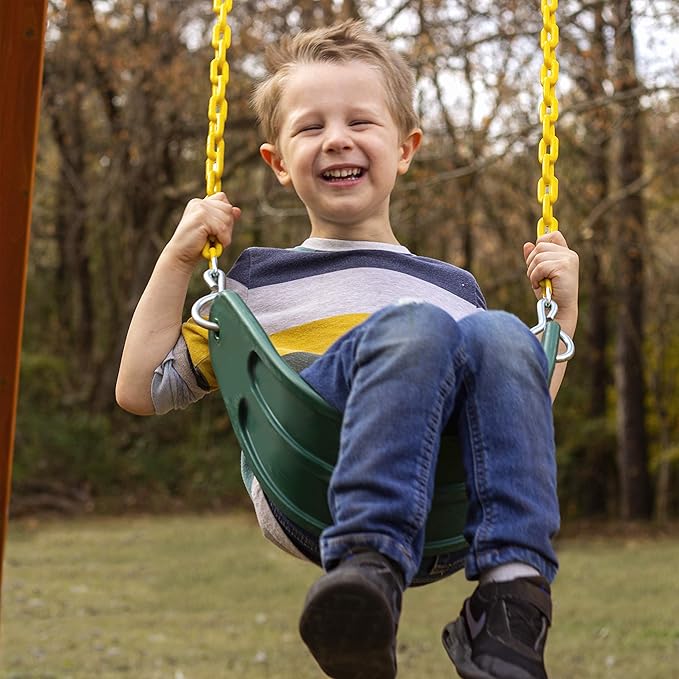 Gorilla Playsets 01-1066-Y Outing Wood Swing Set with Wood Roof and Trapeze Arm - Yellow Slide