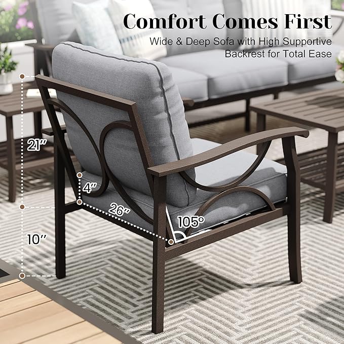 Outdoor Patio Furniture Set, 3 Pieces Metal Patio Conversation Set with Side Table for Porch Backyard Garden, Grey