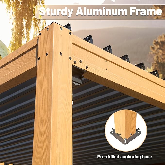10’ x 16’ Louvered Pergola, Outdoor Pergola Aluminum Frame with Adjustable Rainproof Metal Roof, Permanent Sun Shade with Drainage System for Backyard, Garden and Lawn (Wooden Grain)