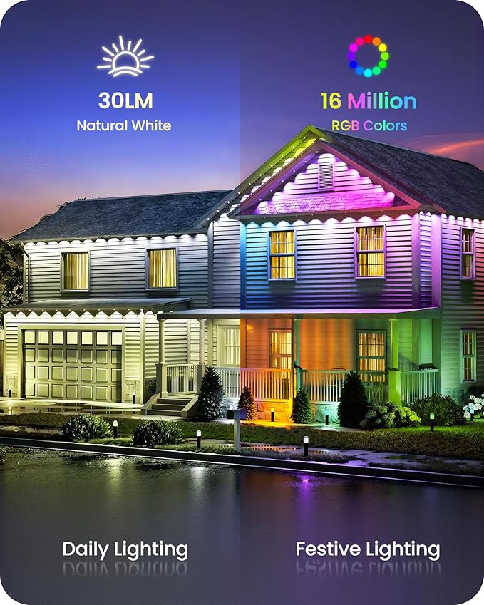 Permanent Outdoor Lights, 120 FT RGB & White Eaves Light with 72 LED Lights, App/Remote Control, IP65 Waterproof Christmas String Lights for Daily, Festival, Party, Holiday Decor W03EL05