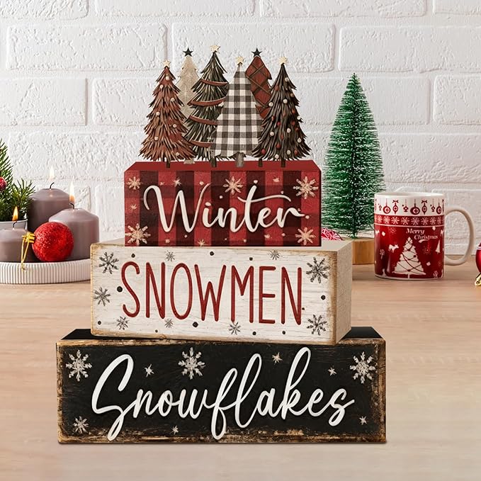 4 Pcs Christmas Decorations Indoor - Wooden Christmas Tree Table Decoration for Home - Holiday Centerpiece For Table - Winter Tiered Tray Decor Rustic Farmhouse Xmas Gift for Home Kitchen Mantel