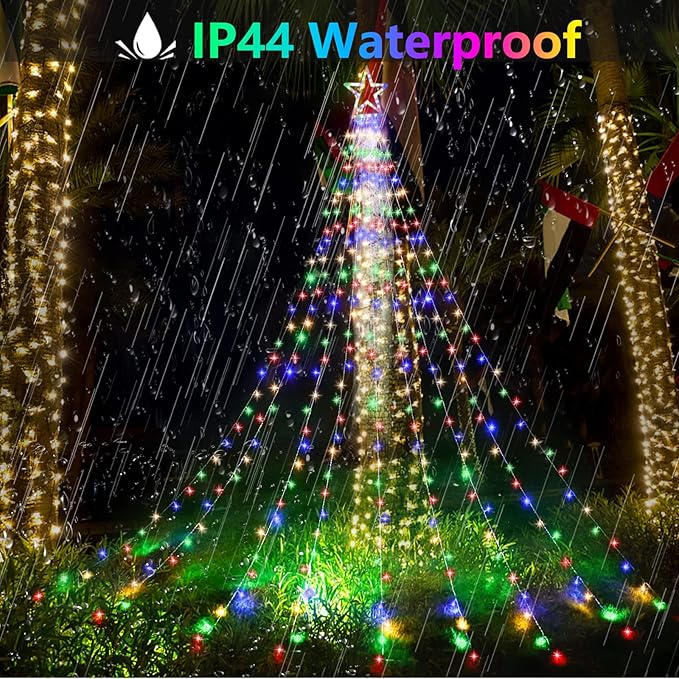 Decute Outdoor Christmas Decorations Star String Lights Color Changing Timer with Remote, Waterproof 320 Led Tree Toppers Fairy Lights for Yard Garden Backyard Holiday Decor Cool White + Multi-Color