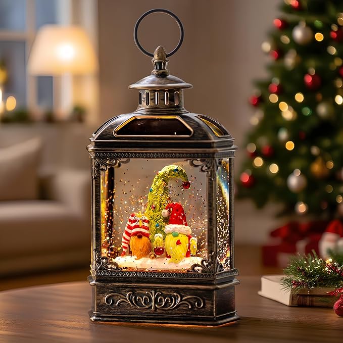 Christmas Snow Globe Lantern Water Glittering Gnomes Scandinavian Santa Elf with Whimsical Christmas Tree, Lighted Lantern for Christmas Festival Decoration Gifts