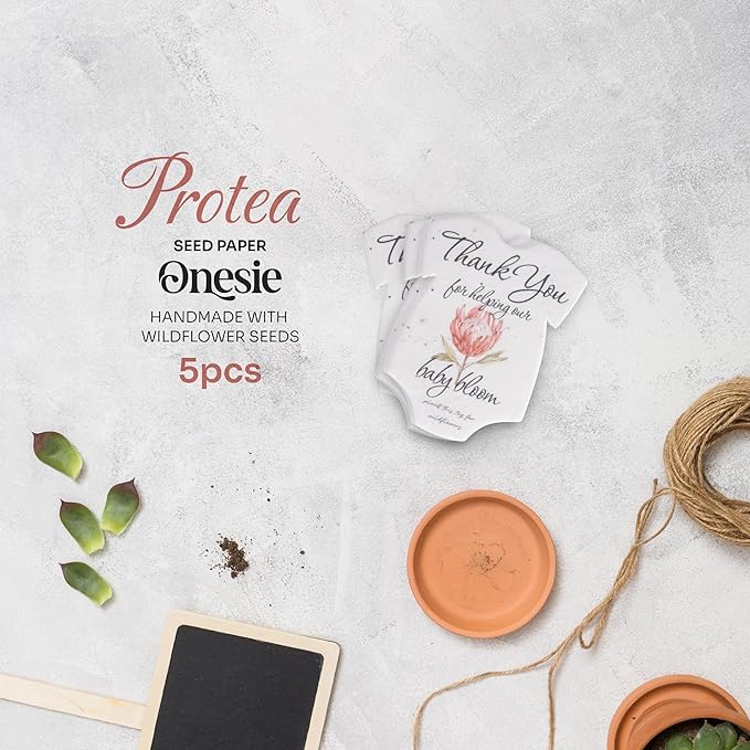 Onesie Seed Paper – 5Pcs Protea Baby Shower Favors for Guests with Wildflower Seeds, Writable & Plantable, Baby Shower Gifts for Guest