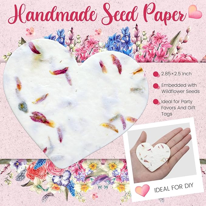 100 Pcs Handmade Seed Paper Plantable Wildflower Seed Paper Recycled Flower Petals Tags Wedding Favors for Guests Craft Gifts Cards for Envelope Birthday Party, 5 Styles (Heart/Butterfly)