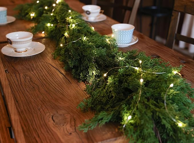 6FT PARTY JOY Seasonal Artificial Christmas Garland with LED String Lights Pine Needle Cypress Garland for Holiday Winter Indoor Outdoor Decor