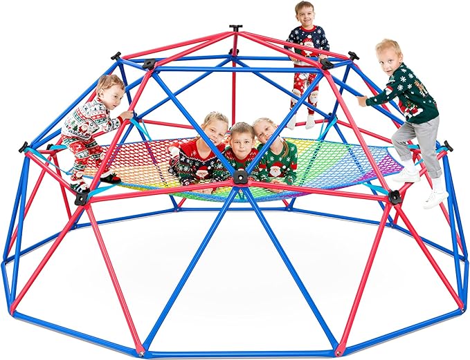 Hapfan Climbing Dome with Climbing Cargo Net, 10 ft Dome Jungle Gym with Hammock for Kids Outdoor Playset Monkey Bars Backyard (Red and Blue)