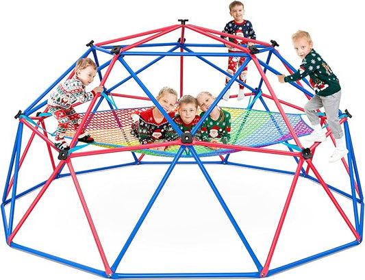 Hapfan Climbing Dome with Climbing Cargo Net, 10 ft Dome Jungle Gym with Hammock for Kids Outdoor Playset Monkey Bars Backyard (Red and Blue)
