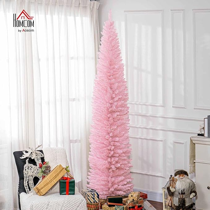 HOMCOM 8' Artificial Pencil Christmas Tree, Slim Xmas Tree with 618 Realistic Branch Tips and Plastic Stand, Pink