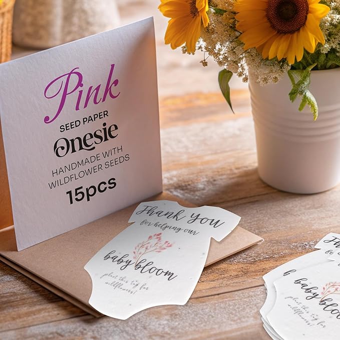 Onesie Seed Paper – 15Pcs Pink Baby Shower Favors for Guests with Wildflower Seeds, Writable & Plantable, Baby Shower Gifts for Guest