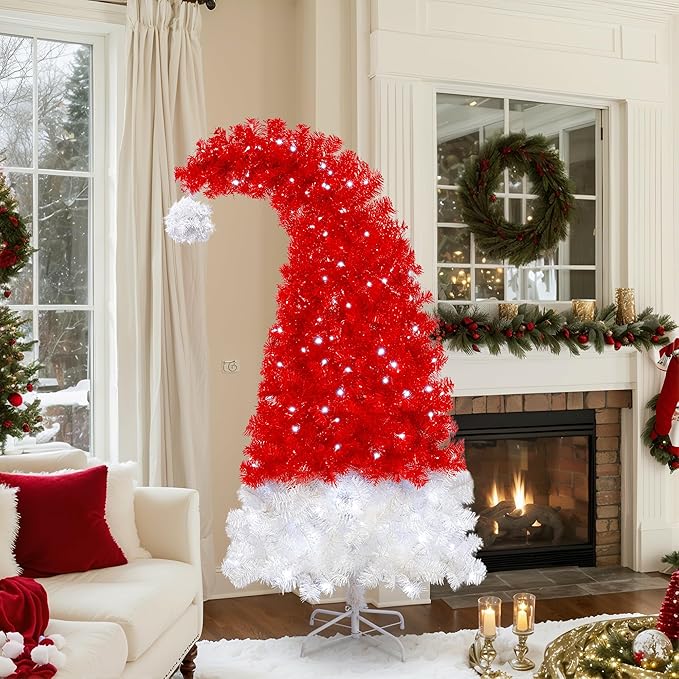Merax 7FT Prelit Red Christmas Tree, Santa Hat Elf Hat Whimsical Christmas Tree Prelit with 400 Lights, 1250 Tips for Holiday Decor (Red)