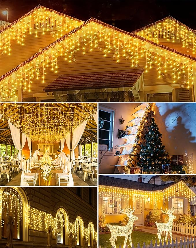 Christmas Icicle Lights for Outside 1000 LED 98FT with 160 Drops, Warm White Waterproof Fairy String Lights for Roof/Gutter/Wedding, 8 Modes & Remote, Timer, Energy-Efficient Holiday Decorations