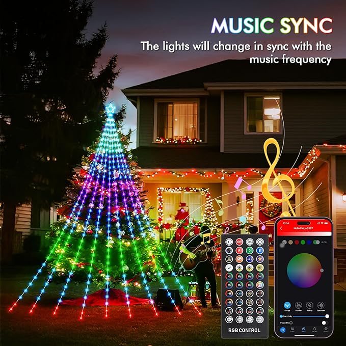 Outdoor Christmas Decorations, 23FT Smart RGB Color Changing Christmas Hanging Waterfall String Lights, APP Remote Control, DIY Multi-Color Lightshow, Music Sync, Outside Xmas Lights Decor