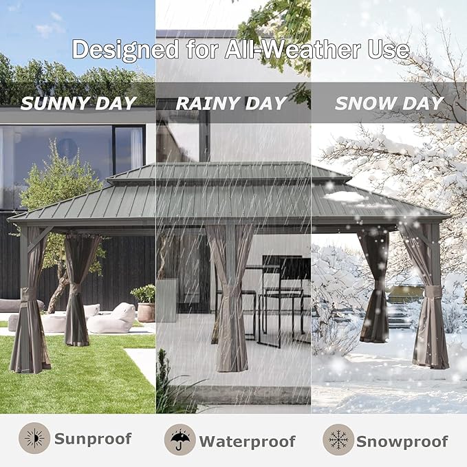 Domi 12’ x 18’ Hardtop Gazebo Metal Frame Canopy with Netting & Curtains, Outdoor Permanent Metal Pavilion with Galvanized Steel Double Roof for Patio Lawn and Garden, Gray