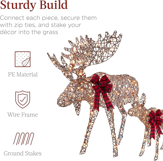 Best Choice Products 2-Piece Moose Family, Lighted Outdoor All-Weather Christmas Yard Decoration Light-Up Décor Set w/ 170 LED Lights, Ground Stakes, Zip Ties - Rattan