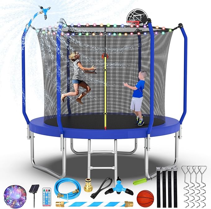 Lyromix Upgraded Trampoline 8FT/10FT/12FT/14FT With Basketball Hoop, Light, Sprinkler, Stakes - Outdoor Backyard for 4-6 Kids and Adults