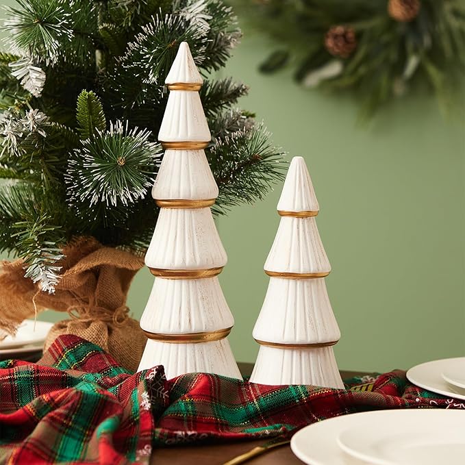 WONDROUS' DECO Christmas Tree Figurine Decor Tabletop White and Gold, Set of 2 Wooden Artificial Xmas Tree Decorations, Vintage Christmas Trees for Tables Centerpiece Home Farmhouse Mantel