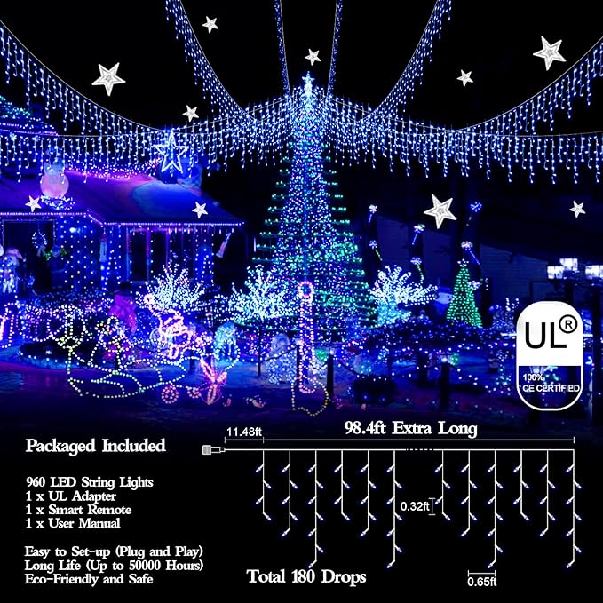 98FT 960 LED Christmas Lights, Waterproof 8 Modes Ice Lights for Outside with Memory and Timer Hanging Fairy Lights Plug-in Curtain String Lights for Holiday Party Wedding Home (Blue)