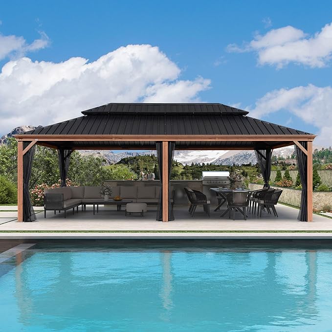 PURPLE LEAF 14' X 24' Outdoor Hardtop Gazebo for Patio Galvanized Steel Double Roof Permanent Canopy Teak Finish Coated Aluminum Frame Pavilion Gazebo with Netting