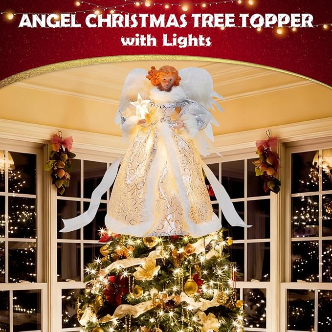 Christmas Tree Topper Angel – 12" Lighted Angel Christmas Tree Topper with Lights, Xmas Tree Toppers Decorations Ornament with White Feather Wings, for Holiday Home & Christmas Decorations