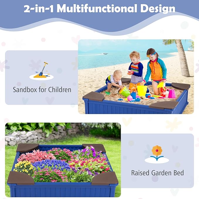 HONEY JOY 12.5 Kids Sandbox with Cover, 48 x 48 Inch Large HDPE Pit for Backyard, 4 Corner Seats & Bottom Liner, Sand Protection, All Weather Resistant Sand Boxes for Kids Outdoor (Blue)
