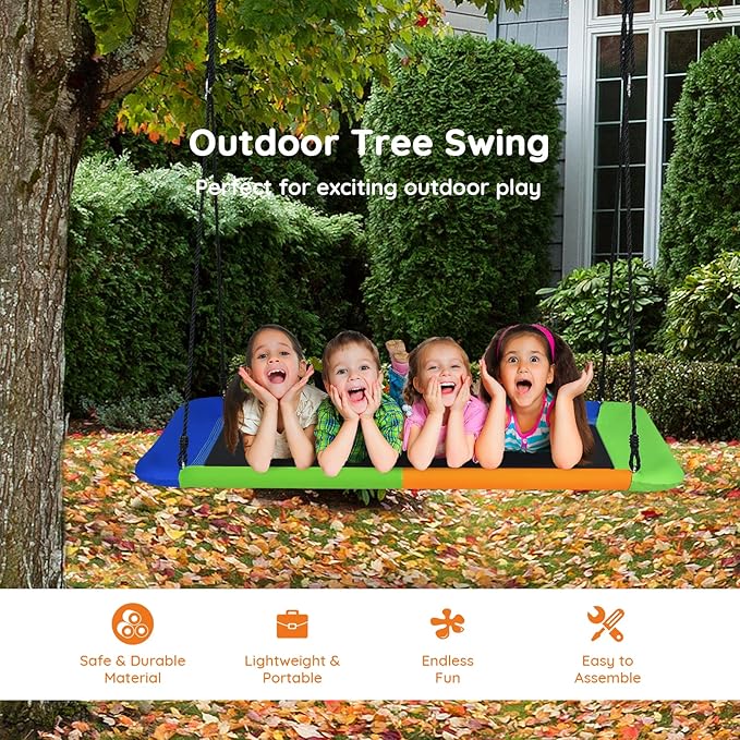 Costzon 700lb Giant 60'' Platform Tree Swing for Kids and Adults, Wear- Resistant Indoor/Outdoor Rectangle Swing with Durable Steel Frame and 2 Hanging Straps for Porch, Backyard (Multicolor)